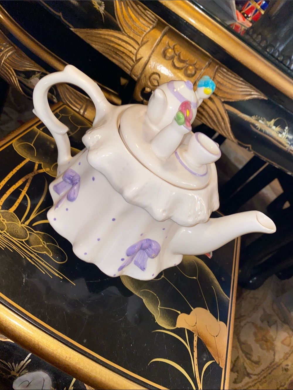Vintage Teleflora White Porcelain Teapot with Lavender Bows (small chip on tip)